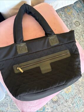 VINTAGE CHANEL Black Quilted Tote with Front Zip Pocket